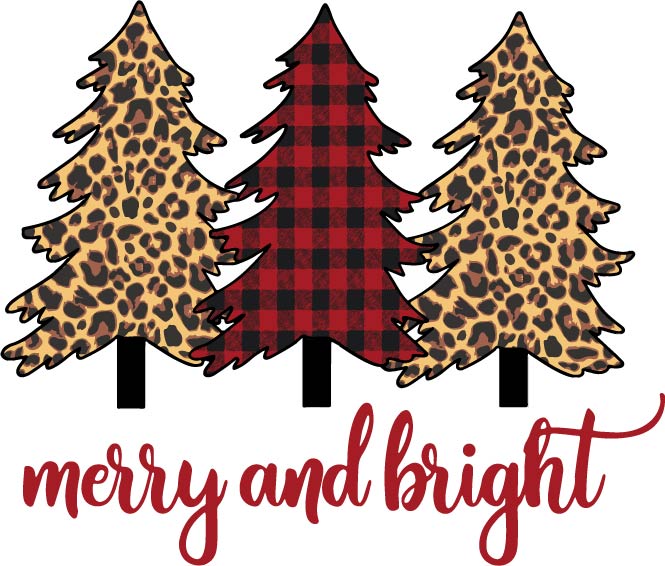 Christmas Trees Merry & Bright with Red Buffalo Plaid and Red Words