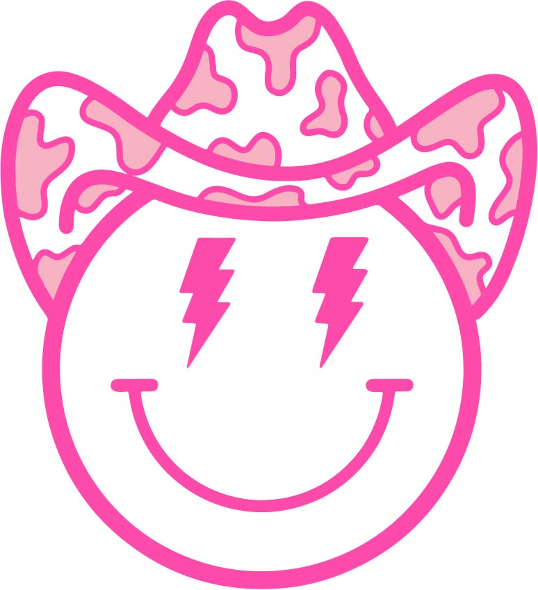 Smiley Face with Cowboy Hat and Lightening Bolt eyes (pink)